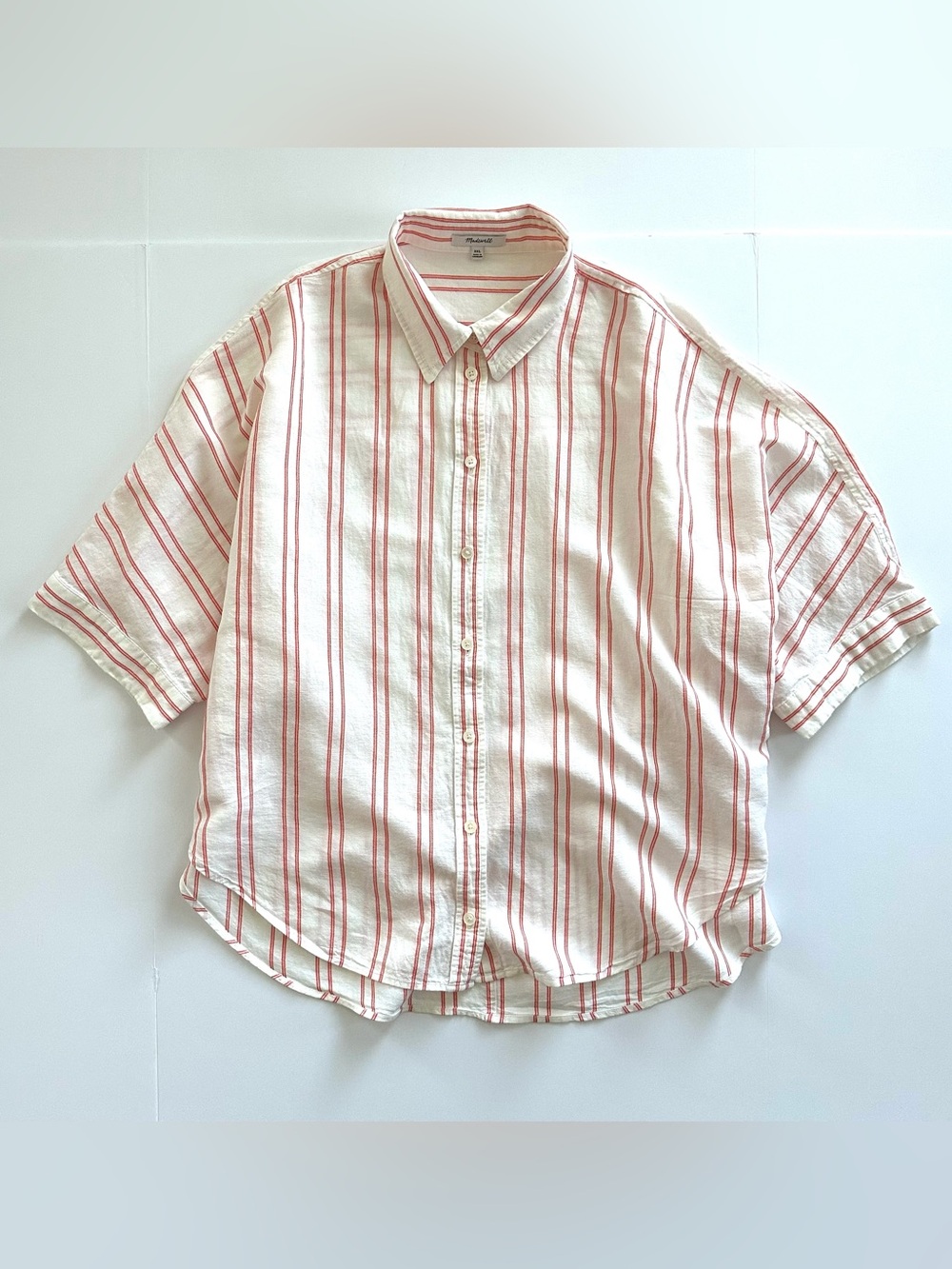 Madewell Oversized Pleated Sleeve Button Up Shirt in Bright Flame Stripe | XXL - Picture 4 of 14
